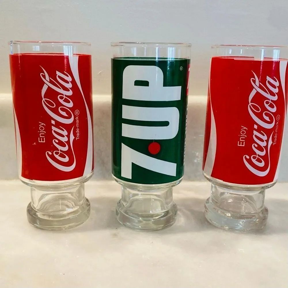 Lot Of 3 Antique Vintage Coca-Cola Coke 7up Soda Glass Tumblers Green Red Sz 7"